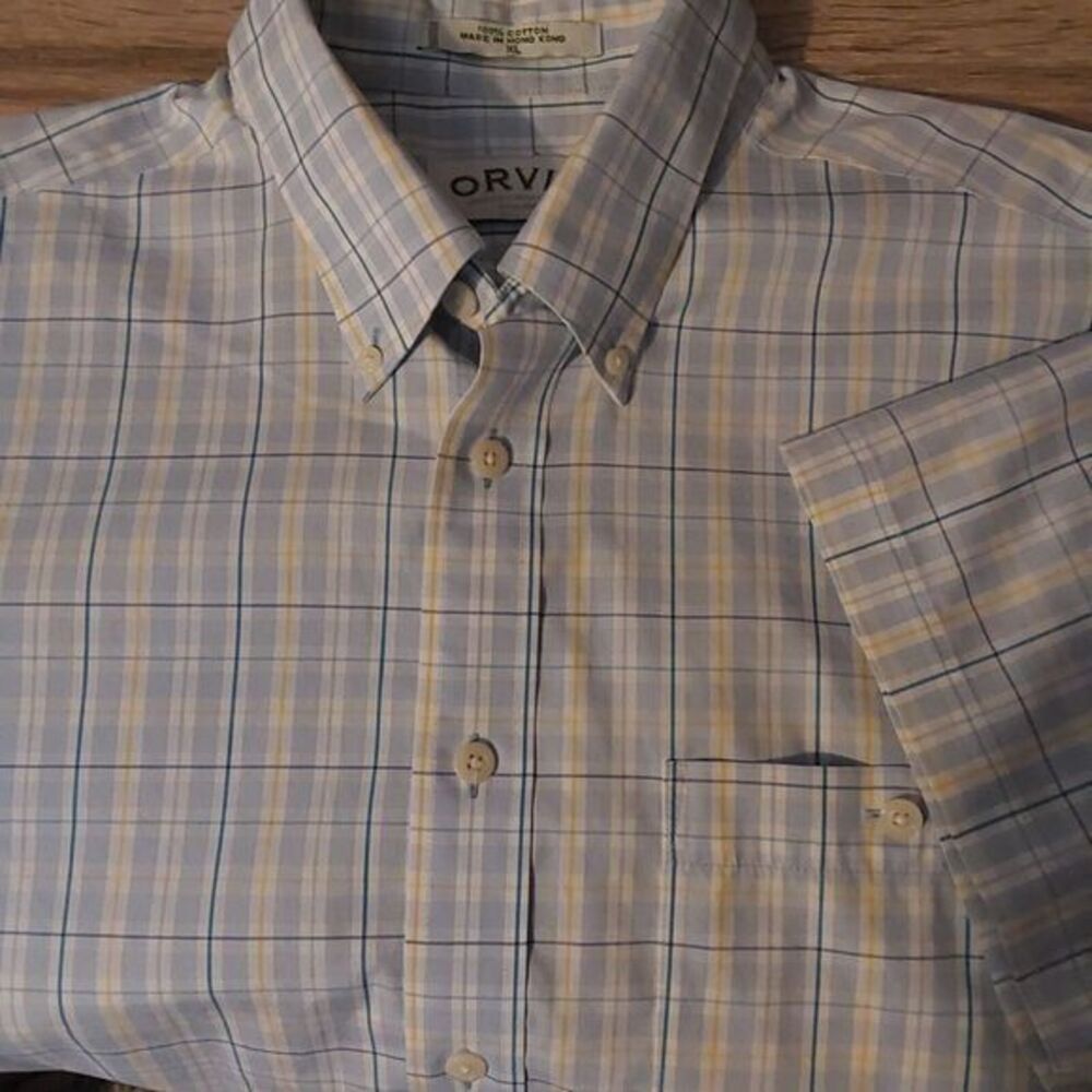 Orvis Men's XL Button Down Blue, Yellow & White Plaid Shirt